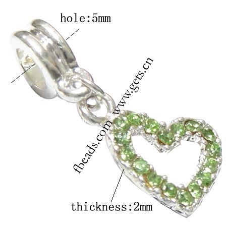 Zinc Alloy European Pendants, Heart, plated, without troll & with rhinestone, more colors for choice, 17x12x2mm, Hole:Approx 5mm, Length:29 , Sold By PC