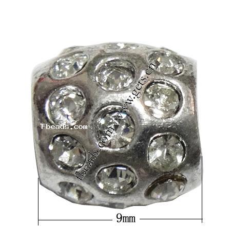 Strass Zink Legierung Europa Perlen, Zinklegierung, Trommel, plattiert, ohne troll & mit Strass, keine, 9x9mm, Bohrung:ca. 5mm, verkauft von PC