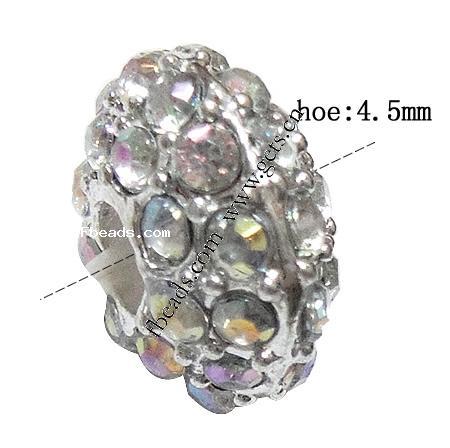 Rhinestone Zinc Alloy European Beads, Rondelle, plated, without troll & with rhinestone, more colors for choice, 8x15mm, Hole:Approx 4.5mm, Sold By PC