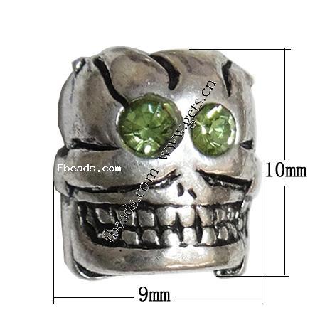 grano Europeo de aleación Zinc con diamante, aleación de zinc, Calavera, chapado, sin rosca & con diamantes de imitación, más colores para la opción, 10x9x9mm, agujero:aproximado 4mm, Vendido por UD