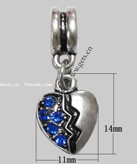 Zinc Alloy European Pendants, Heart, plated, with troll & with rhinestone, more colors for choice, 14x11x2mm, Hole:Approx 4mm, Length:24 , Sold By PC