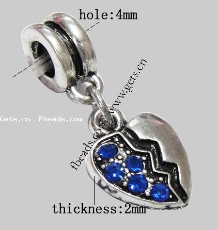 Zinc Alloy European Pendants, Heart, plated, with troll & with rhinestone, more colors for choice, 14x11x2mm, Hole:Approx 4mm, Length:24 , Sold By PC