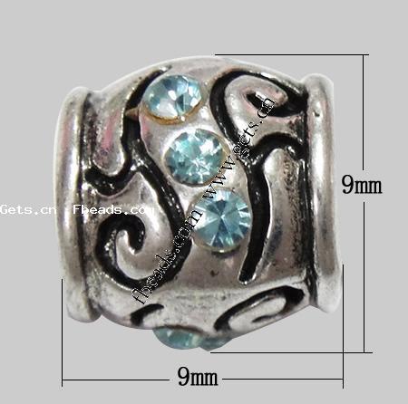 grano Europeo de aleación Zinc con diamante, aleación de zinc, Tambor, chapado, sin rosca & con diamantes de imitación, más colores para la opción, 9x9mm, agujero:aproximado 5mm, Vendido por UD