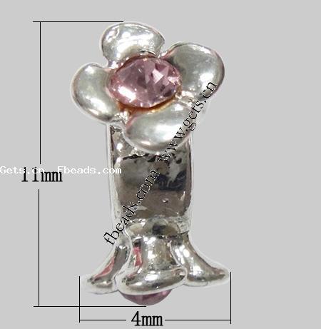 grano Europeo de aleación Zinc con diamante, aleación de zinc, Flor, chapado, sin rosca & con diamantes de imitación, más colores para la opción, 11x4mm, agujero:aproximado 5mm, Vendido por UD