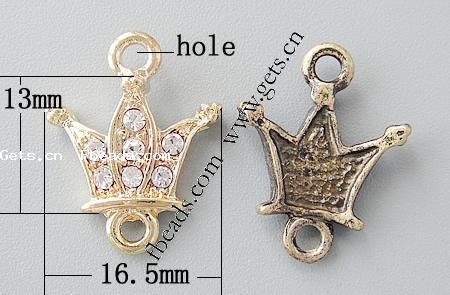 ラインストーンの金属合金コネクタ, メタル合金, 王冠, メッキ, ライン石のある, 無色, 16.5x13x4mm, 穴:約 2.5mm, 売り手 パソコン