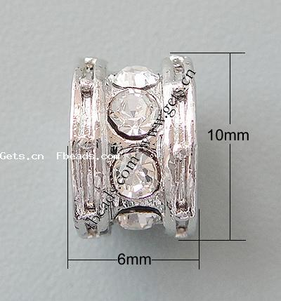 grano Europeo de aleación Zinc con diamante, aleación de zinc, Tubo, chapado, sin rosca & con diamantes de imitación, más colores para la opción, libre de níquel, plomo & cadmio, 10x6mm, agujero:aproximado 4.5mm, Vendido por UD