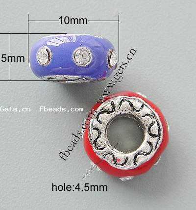 Gota de Europeo de aleación de zinc con esmalte, Toroidal, chapado, sin rosca & con diamantes de imitación & agujero largo, más colores para la opción, libre de níquel, plomo & cadmio, 10x5mm, agujero:aproximado 4.5mm, Vendido por UD