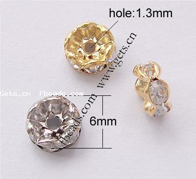 Wave Rondelle Rhinestone Spacer, Brass, plated, with A grade rhinestone, more colors for choice, Grade A, 6mm, Hole:Approx 1.3mm, 100PCs/Bag, Sold By Bag