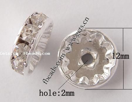 Rondelle Strass Spacer, Messing, plattiert, mit Strass, keine, 12mm, Bohrung:ca. 2mm, 100PCs/Tasche, verkauft von Tasche