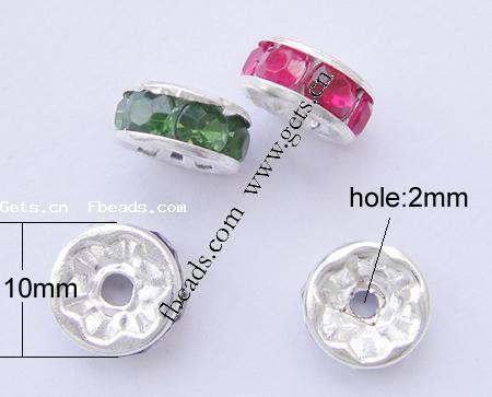 Rondelle Rhinestone Spacer, Brass, plated, with rhinestone, more colors for choice, 10mm, Hole:Approx 2mm, 100PCs/Bag, Sold By Bag