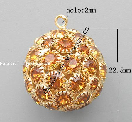 Rhinestone Brass Pendants, Round, plated, with rhinestone, more colors for choice, 22.5x22.5mm, Hole:Approx 2mm, Sold By PC