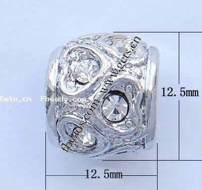 Strass Zink Legierung Europa Perlen, Zinklegierung, Trommel, plattiert, ohne troll & mit Strass, keine, frei von Nickel, Blei & Kadmium, 12.5x12.5mm, Bohrung:ca. 8mm, verkauft von PC