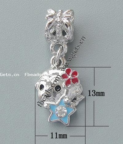 Zinc Alloy European Pendants, with enamel, Girl, plated, without troll & enamel & with rhinestone, more colors for choice, 13x11x3mm, 28mm, Hole:Approx 4mm, Sold By PC