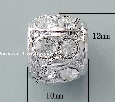 Rhinestone Zinc Alloy European Beads, Tube, plated, more colors for choice, 12x10mm, Hole:Approx 6.2mm, Sold By PC