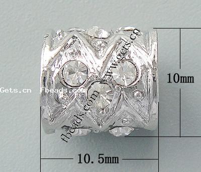 grano Europeo de aleación Zinc con diamante, aleación de zinc, Tubo, chapado, más colores para la opción, 10.5x10mm, agujero:aproximado 6-6.5mm, Vendido por UD