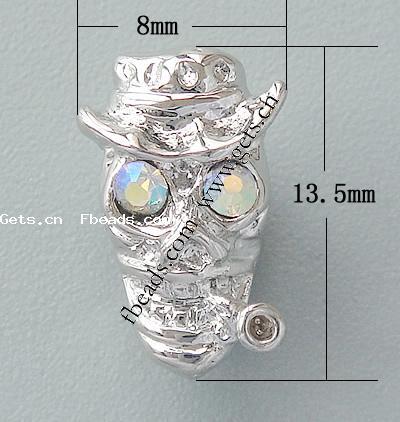 Perles European de stras d'alliage de Zinc , crane, Placage, sans filetage & avec strass, plus de couleurs à choisir, protéger l'environnement, sans nickel, plomb et cadmium, 13.5x8mm, Trou:Environ 4.8mm, Vendu par PC