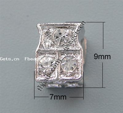 Rhinestone Zinc Alloy European Beads, Rectangle, plated, more colors for choice, nickel, lead & cadmium free, 9x7mm, Hole:Approx 5mm, Sold By PC