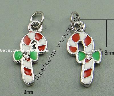 Zinc Alloy Christmas Pendants, Christmas Candy Cane, plated, Christmas jewelry & enamel & with rhinestone, more colors for choice, nickel, lead & cadmium free, 18x9x2.5mm, Hole:Approx 2mm, Sold By PC