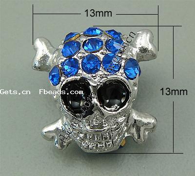 grano Europeo de aleación Zinc con diamante, aleación de zinc, Calavera, chapado, más colores para la opción, 13x13x10mm, agujero:aproximado 5mm, Vendido por UD