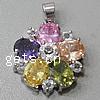 Pendentifs en laiton zircon cubique (CZ), fleur, Plaqué de platine, avec zircone cubique & facettes, multicolore Environ 3-5mm, Vendu par PC