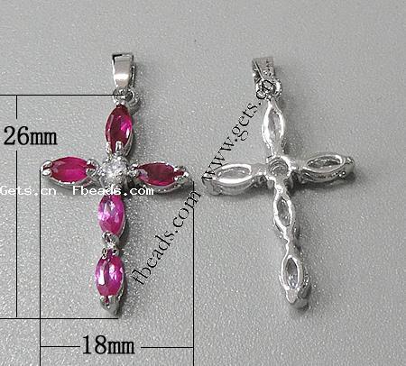 Cubic Zirconia Brass Pendants, Cross, plated, with cubic zirconia & faceted, more colors for choice, 26x18x4mm, Hole:Approx 3-5mm, Sold By PC