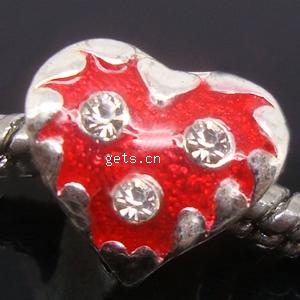 Gota de Europeo de aleación de zinc con esmalte, Corazón, chapado, sin rosca & con diamantes de imitación & agujero largo, más colores para la opción, libre de níquel, plomo & cadmio, 12x11x8mm, Vendido por UD