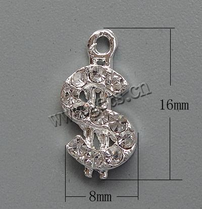 Zinc Alloy Rhinestone Pendants, Dollar Sign, plated, more colors for choice, cadmium free, 16x8x3mm, Hole:Approx 1.5mm, Sold By PC