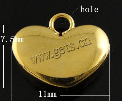 Encantos de etiqueta de acero inoxidable, Corazón, chapado en color dorado, Modificado para requisitos particulares, 11x7.5x4mm, agujero:aproximado 1.5mm, Vendido por UD