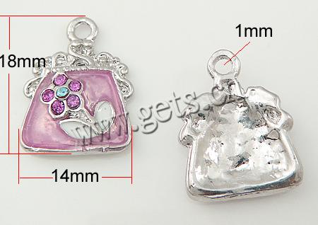 Pendentifs de sac à main en alliage zinc, alliage de zinc, Placage, avec le motif de fleurs & avec les strass de Moyen-Orient & émail, plus de couleurs à choisir, 14x18mm, Trou:Environ 1mm, Vendu par PC