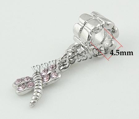 Zinc Alloy European Pendants, Dragonfly, plated, without troll & with rhinestone, more colors for choice, nickel, lead & cadmium free, 18x11x2mm, Hole:Approx 5mm, Length:32 , Sold By PC