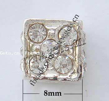 Strass Zink Legierung Europa Perlen, Zinklegierung, Würfel, plattiert, ohne troll & mit Strass, keine, frei von Nickel, Blei & Kadmium, 8x8x8mm, Bohrung:ca. 3.5mm, verkauft von PC