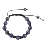 Gemstone Woven Ball Bracelets, Amethyst, with Waxed Linen Cord, February Birthstone, 12mm .5 Inch 