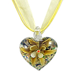 Collar de la joyería de cristal de Murano, con Cinta, Corazón, arena dorada & flor interior, más colores para la opción, 34x38x16mm, longitud:16.5 Inch, Vendido por Sarta