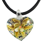 Collar de la joyería de cristal de Murano, con cordón de lana, Corazón, arena dorada & flor interior, más colores para la opción, 34x38x16mm, longitud:17 Inch, Vendido por Sarta