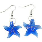 Lampwork Drop Earring, brass earring hook, Starfish, gold sand and silver foil 