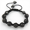 Rhinestone Woven Ball Bracelets, Nylon Cord, with Hematite & Zinc Alloy, plumbum black color plated, adjustable & with rhinestone, 10mm, 12mm Approx 7-11 Inch 