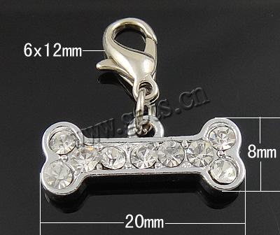 Zinklegierung Karabinerverschluss Charm, Knochen, plattiert, mit Strass, keine, 6x12mm, 20x8x4mm, verkauft von PC