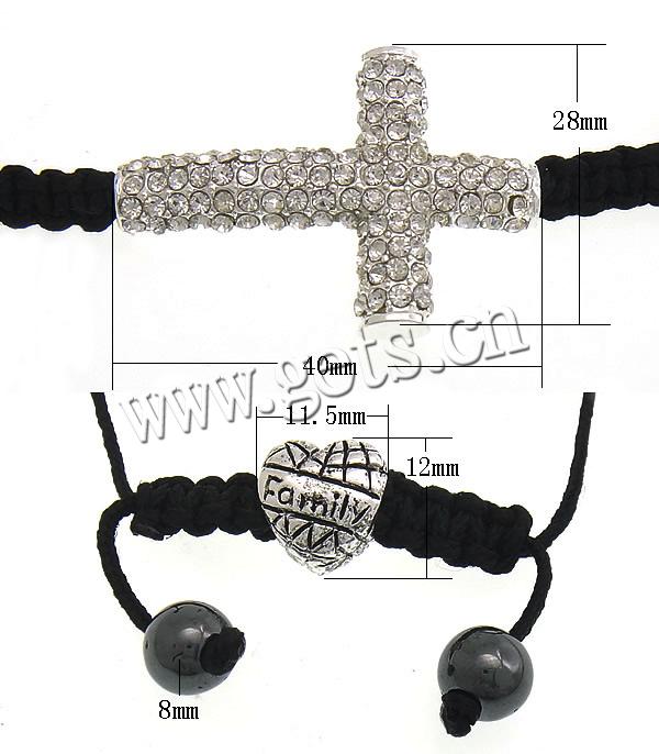 Zinc Alloy Woven Ball Bracelets, with Wax Cord & Hematite, Cross, handmade, with A grade rhinestone, more colors for choice, 40x28x6.5mm, 8mm, 11.5x12x8mm, Length:Approx 5-10 Inch, Sold By Strand