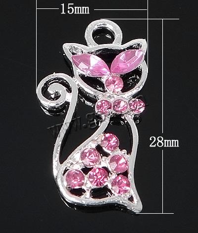 Pendentifs animaux en alliage de zinc, chat, Plaquage normal, avec strass, plus de couleurs à choisir, 28x15x3.5mm, Trou:Environ 3mm, Vendu par PC