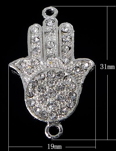 Rheinkiesel Zinklegierung Verbinder, Hand, plattiert, Kundenindividuell & mit Strass & 1/1-Schleife, keine, 19x31x3mm, Bohrung:ca. 2mm, verkauft von PC