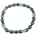 Cultured Freshwater Pearl Bracelets, Rice, with rhinestone, dark green, 7-8mm .5 Inch 