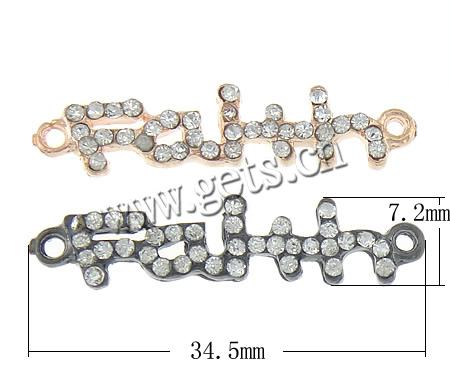 Conector de aleación de Zinc de carta, Letra, chapado, Modificado para requisitos particulares & con diamantes de imitación & 1/1 aro, más colores para la opción, 34.5x7.2x2mm, agujero:aproximado 1.5mm, Vendido por UD