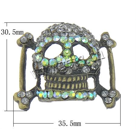 Conector de aleación de Zinc de diamantes de imitación, Calavera, chapado, con diamantes de imitación & 1/1 aro, más colores para la opción, 35.5x30.5x10.5mm, Vendido por UD