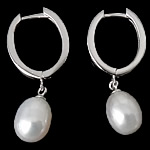 925 Sterling Silver Huggie Hoop Drop Earring, with Freshwater Pearl, Teardrop Approx 1.25 Inch 