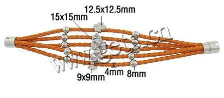 bracelet de cordon en PU , cuir PU, avec argile & Acier inoxydable 316, avec 52 pcs strass & longueur différente pour le choix & 5 brins, plus de couleurs à choisir, 9x9mm, 12.5x12.5mm, 15x15mm, 8mm, 4mm, Vendu par brin