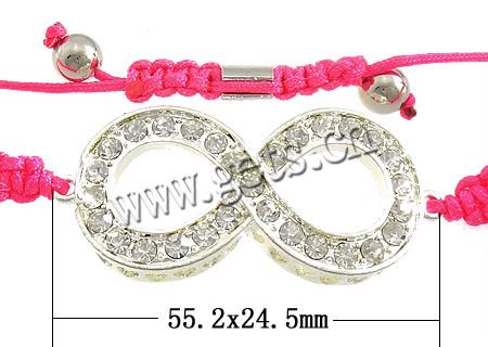 Zinc Alloy Woven Ball Bracelets, with Nylon Cord, Infinity, handmade, with rhinestone, more colors for choice, 55.2x24.5x5.2mm, 8mm, Length:Approx 7-11 Inch, Sold By Strand