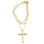 Brass cubique Collier zircon, laiton, croix, Plaqué d'or, chaîne ovale & avec zircone cubique 1.5mm Environ 18 pouce, Vendu par brin