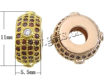 Cubic Zirconia Micro Pave Brass Beads, Rondelle, plated, micro pave cubic zirconia, more colors for choice, 5.5x11mm, Hole:Approx 4mm, Sold By PC