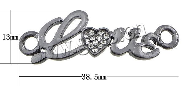 Conector de aleación de Zinc de carta, Letra, palabra amor, chapado, con diamantes de imitación & 1/1 aro, más colores para la opción, libre de cadmio, 38.5x13x2mm, agujero:aproximado 3.3mm, Vendido por UD