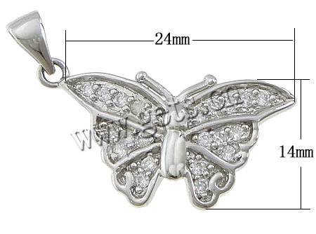 Cubic Zirconia Brass Pendants, Butterfly, plated, with cubic zirconia, more colors for choice, 24x14x3mm, Hole:Approx 3x6mm, Sold By PC